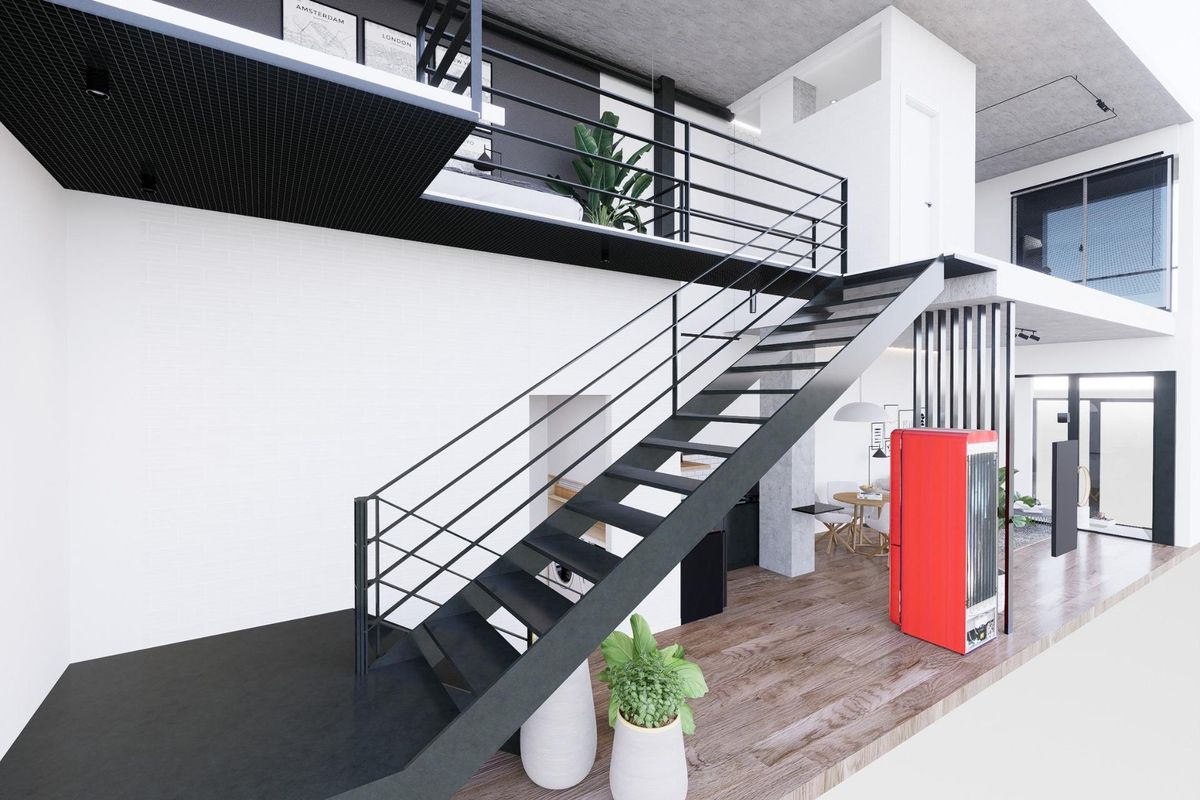 Uitzicht op de stijlvolle trap die naar de bovenverdieping leidt van een modern 1-slaapkamer appartement in Alicante.