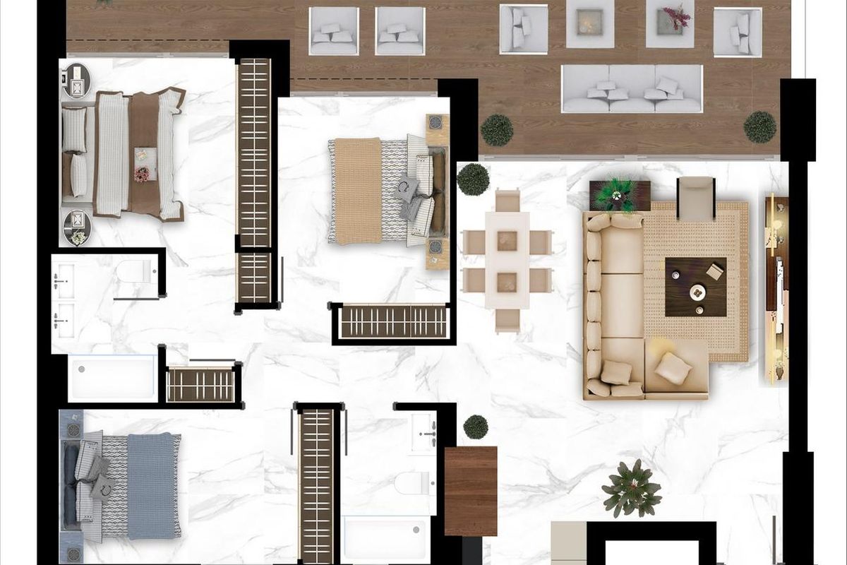 Plattegrond van een 3-slaapkamerappartement in Marbella, Costa del Sol, met de indeling en kamerindeling.