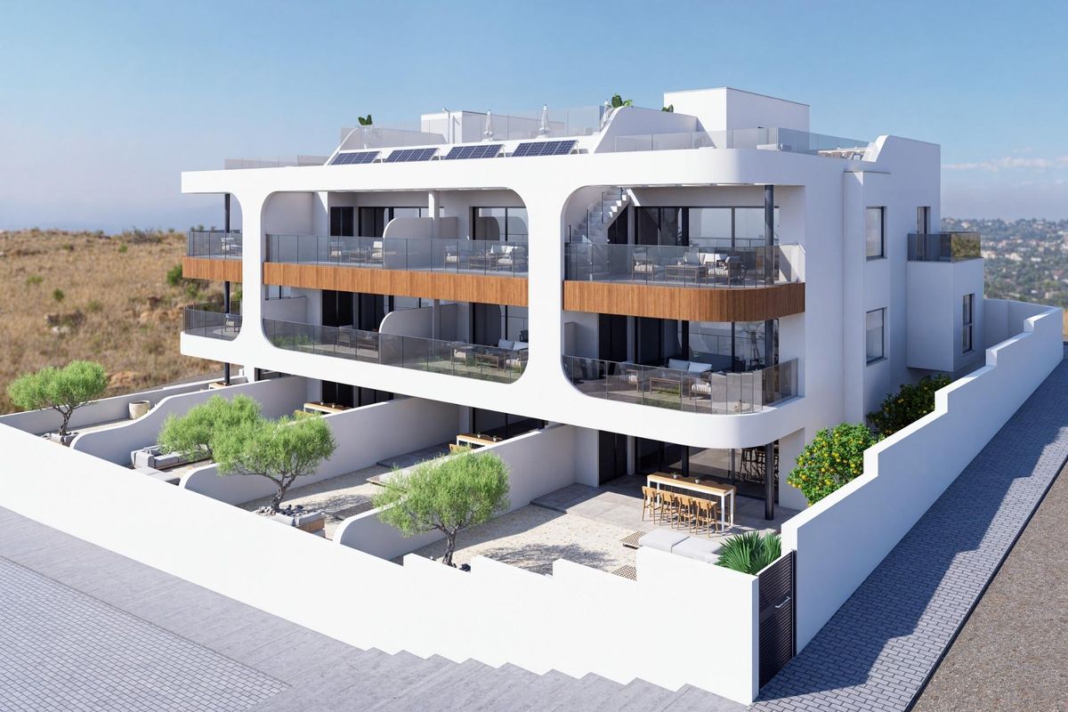 Bovenaanzicht van een modern 3-slaapkamer appartementcomplex met tuinen en terrassen in Benijofar, Costa Blanca, Spanje.