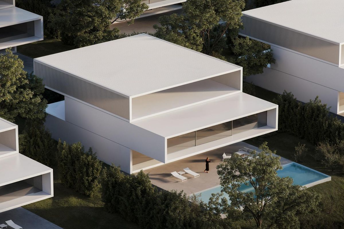 Moderne villa-exterieur met zwembad, grote ramen en een stijlvolle gevel gelegen in het schilderachtige gebied van Estepona.