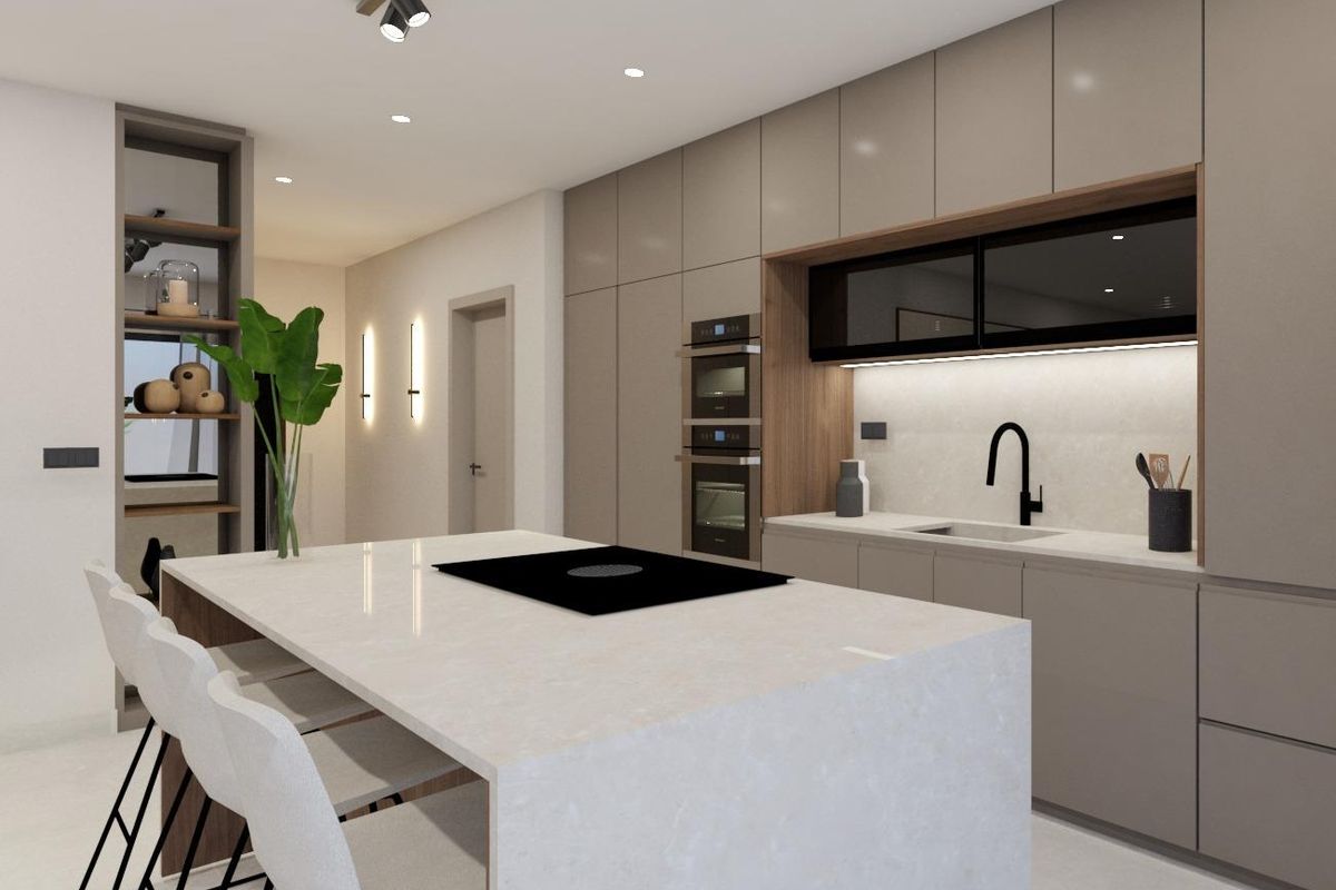 Sleek kitchen of a 3-bed villa in Pinoso, featuring modern appliances and a large island.