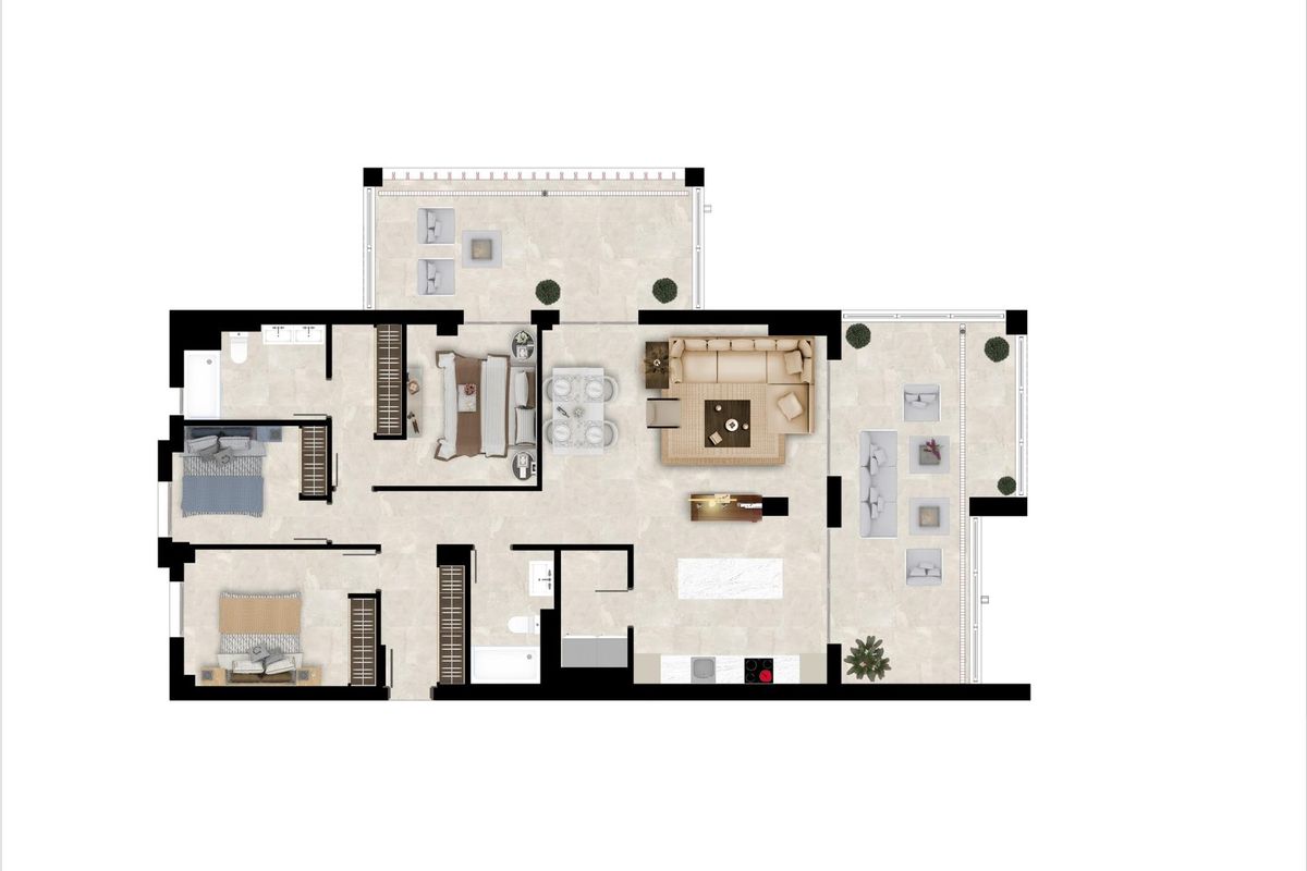 Gedetailleerd plattegrond van het ruime 3-slaapkamer penthouse in Benahavís, waarbij de indeling wordt benadrukt.