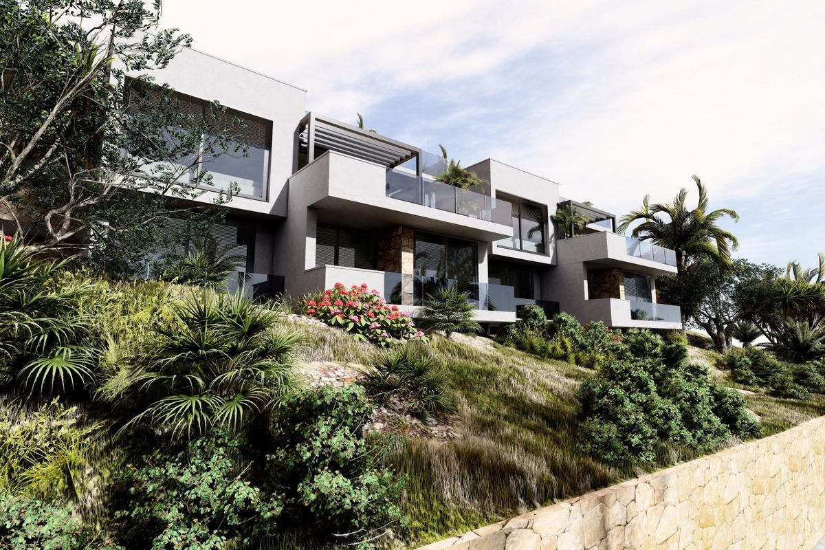 Stijlvol modern townhouse voorgevel met aangelegde tuin in Altea, Costa Blanca Noord.