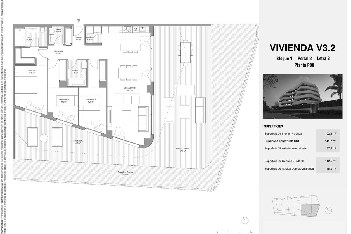 Plattegrond van een ruim 3-slaapkamer appartement in Torremolinos, met een moderne indeling en ontwerp.
