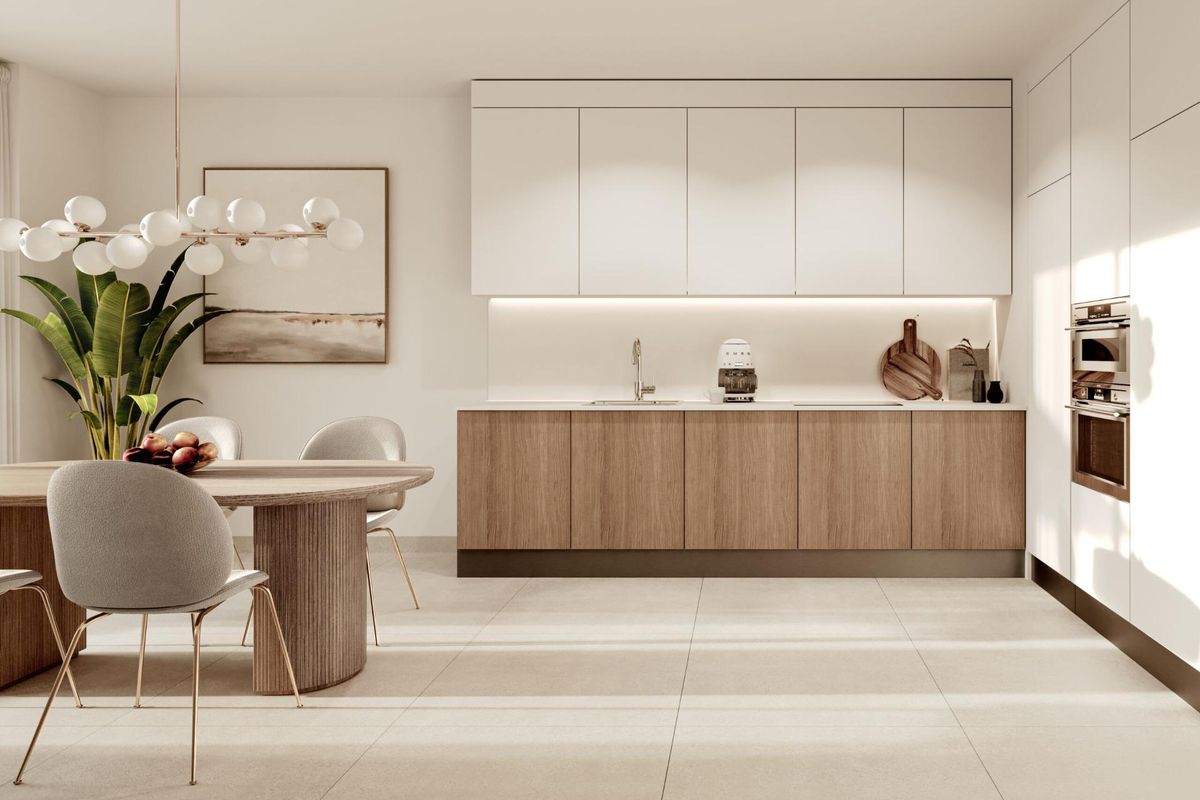 Heldere en hedendaagse keuken met eetruimte in een appartement met 3 slaapkamers in Estepona, Costa del Sol.