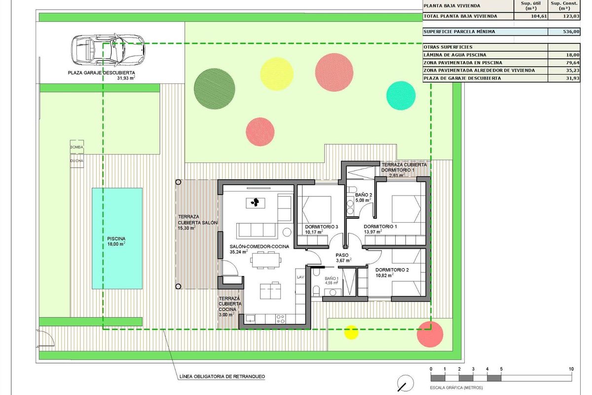 Plattegrond van een 3-slaapkamer villa in Hondón de las Nieves, met details van de indeling en kamers.