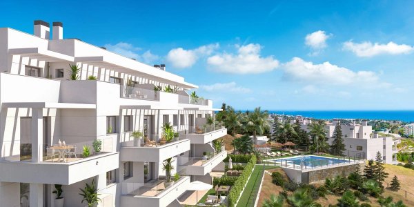 Moderne buitenkant van een 3-slaapkamer appartement op de begane grond in Mijas, met weelderige tuinen en een zwembad.