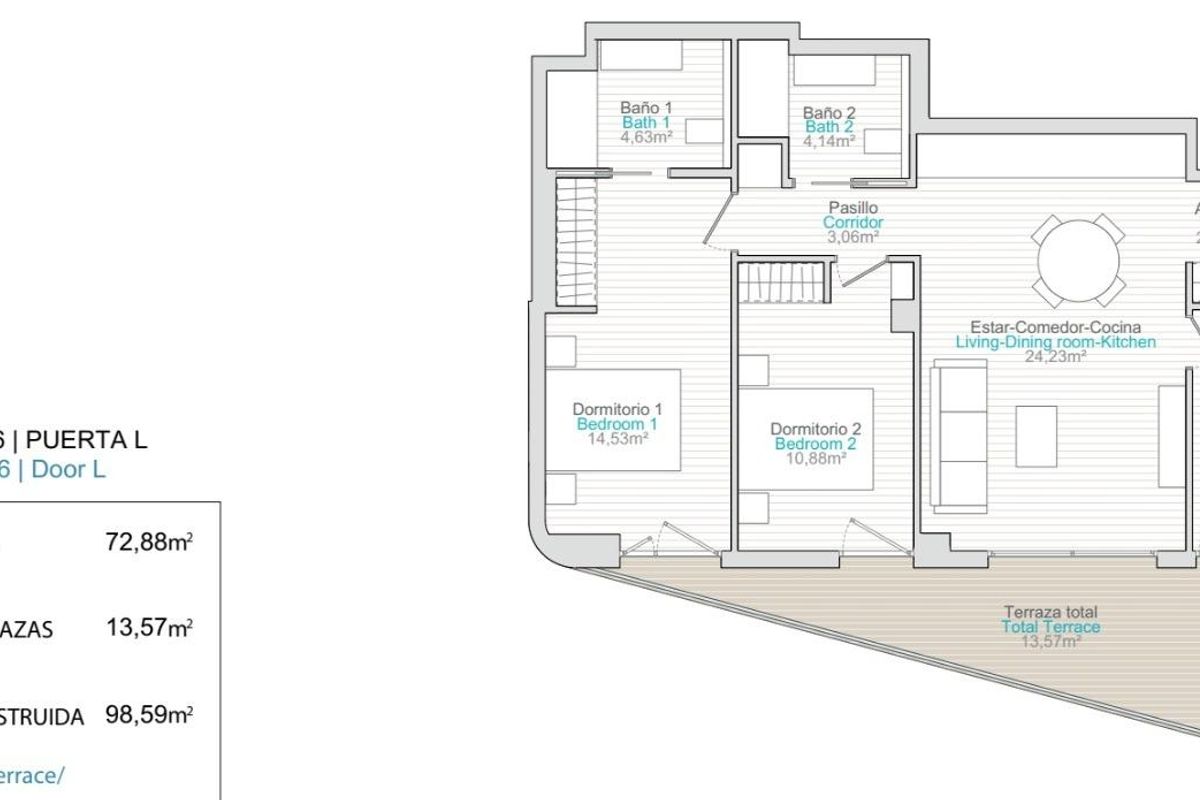 Plattegrond van een 3-slaapkamer appartement in Villajoyosa, met details over indeling en afmetingen voor potentiële kopers.
