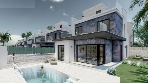 Buitenzijde van een moderne 3-slaapkamer villa met een zwembad in Pilar de La Horadada, Costa Blanca Zuid, Spanje.