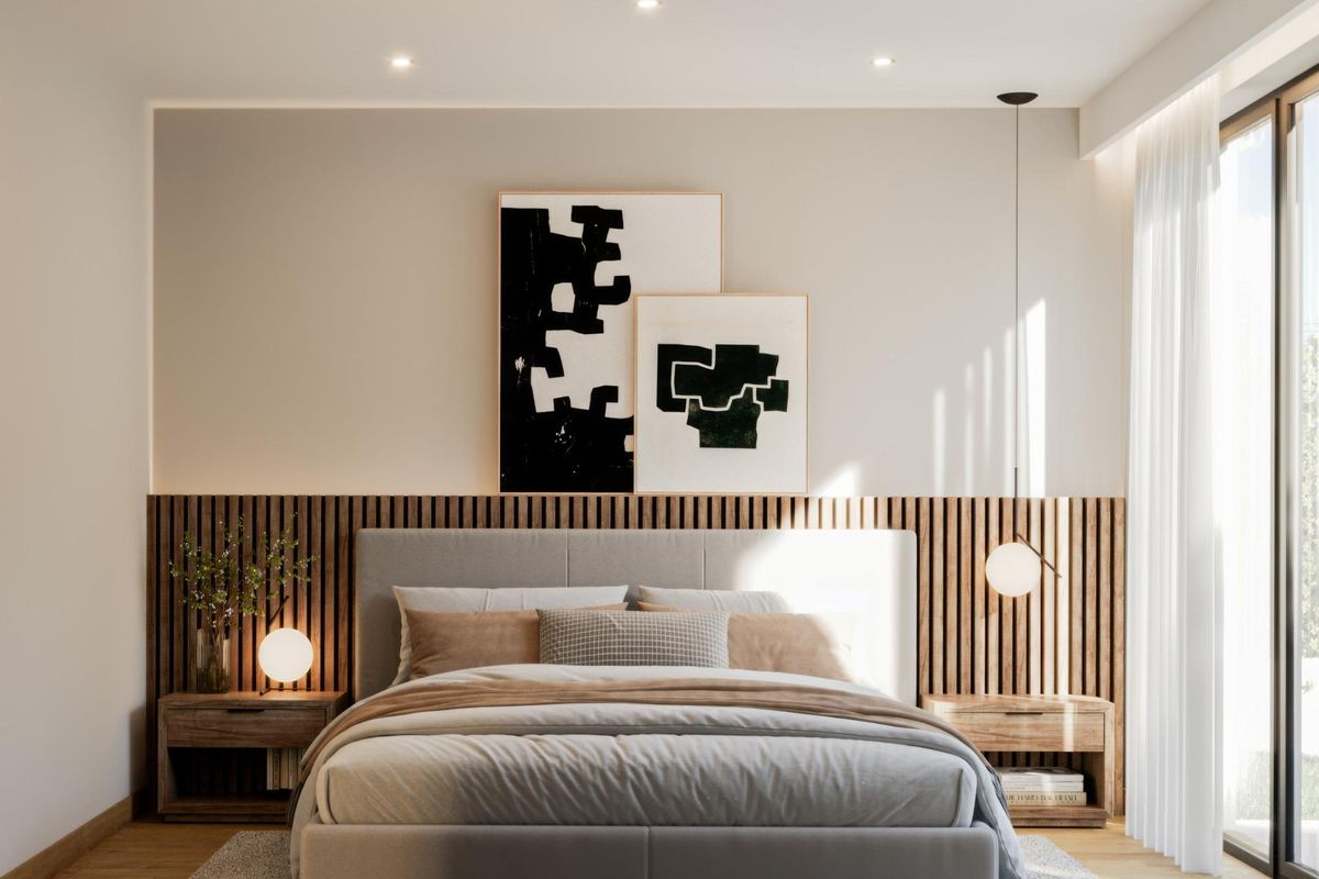 Gezellige slaapkamer met natuurlijk licht en moderne decor in een 3-slaapkamer villa, Finestrat, Costa Blanca Noord.