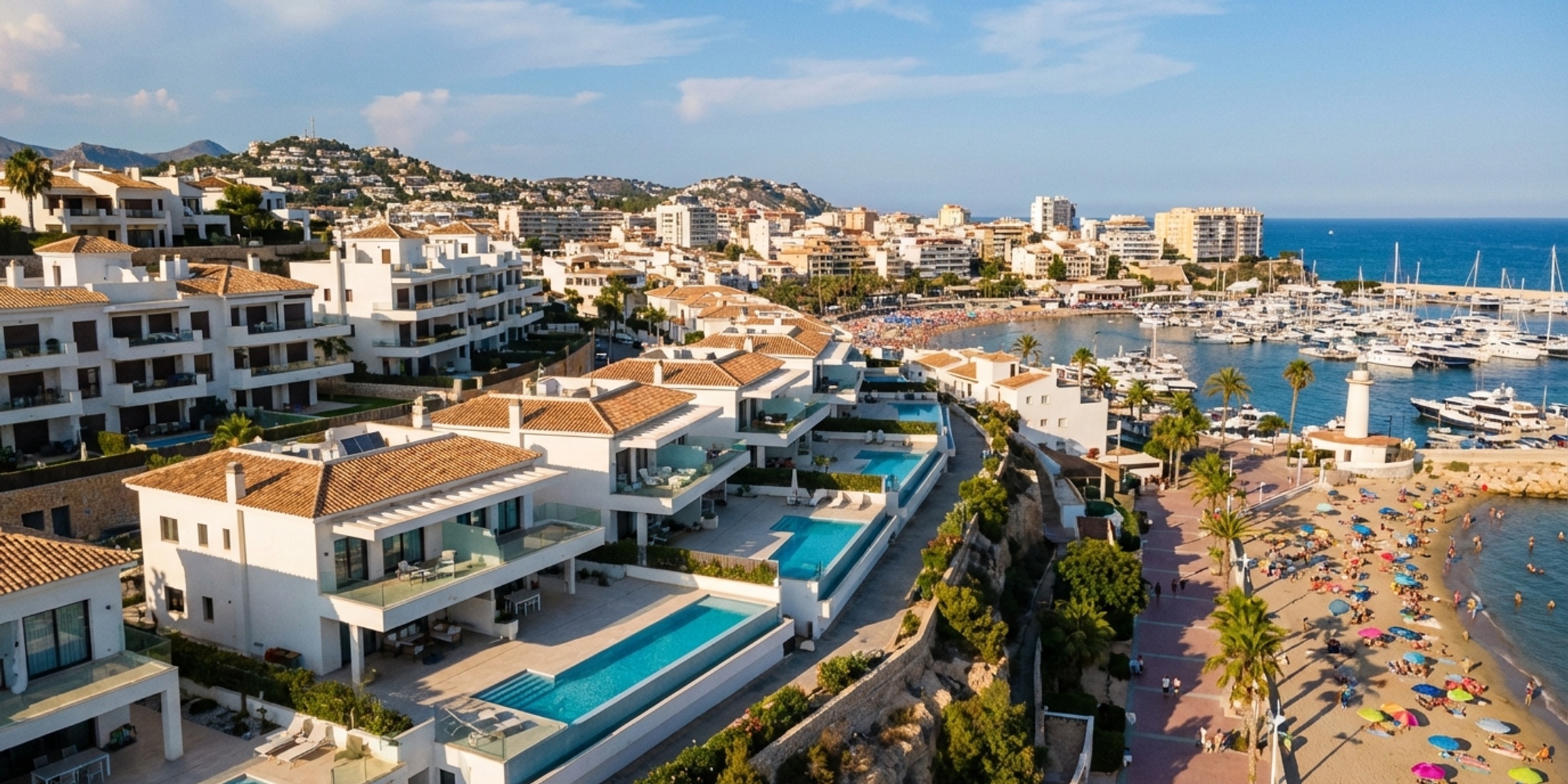 Panoramic view of a vibrant Costa Blanca coastal town