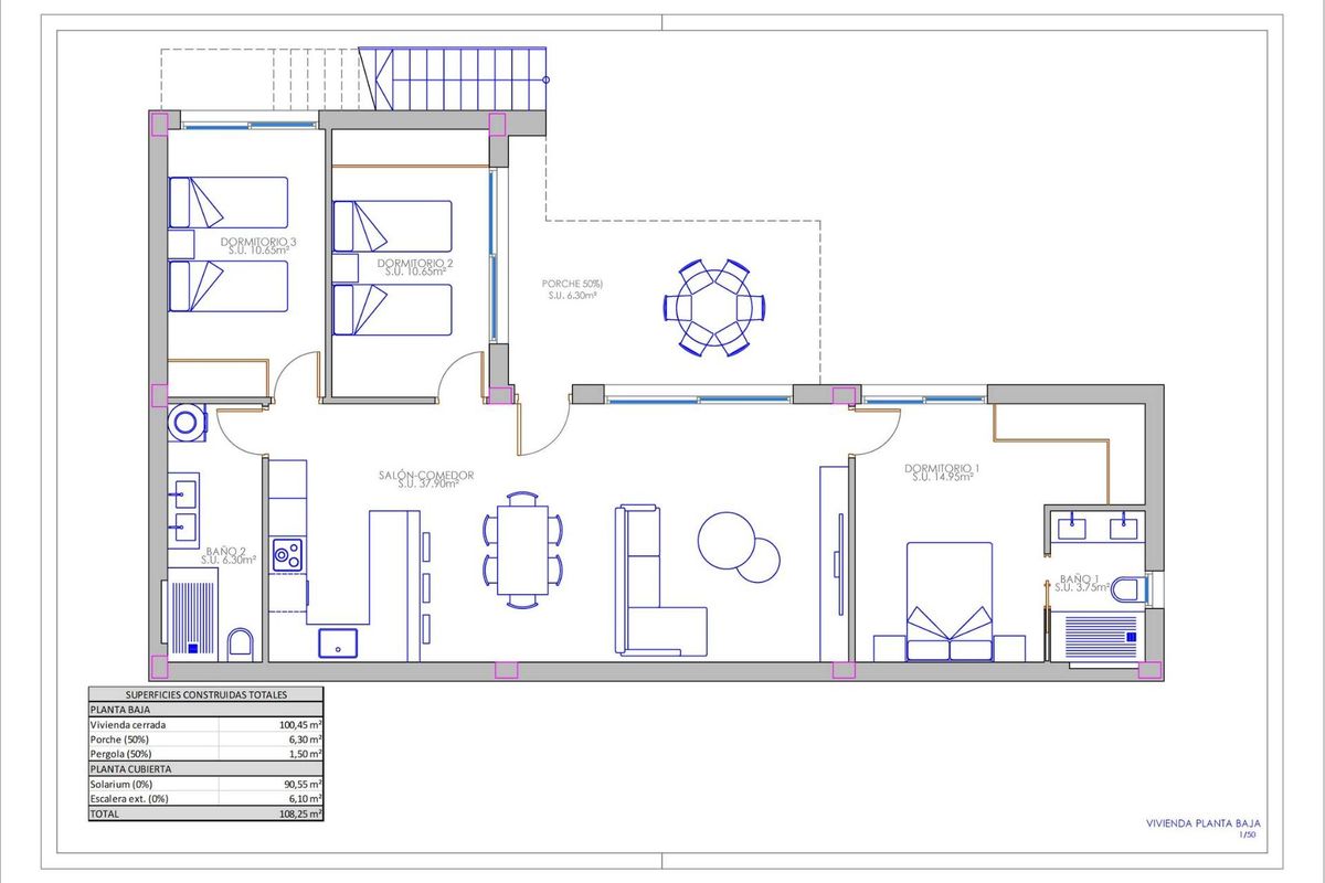 Gedetailleerde plattegrond van een moderne 3-slaapkamer villa in Los Montesinos, met woonruimtes.
