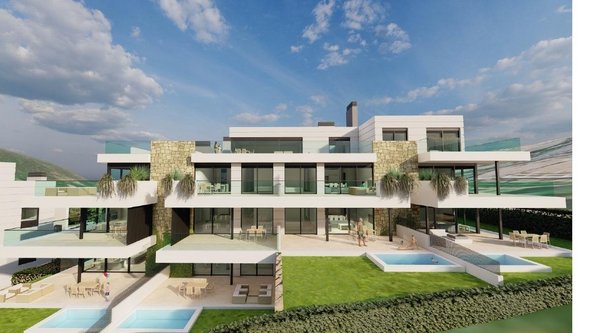 Moderne buitenkant van een 3-slaapkamer appartement in Estepona, met meerdere terrassen en zwembaden.