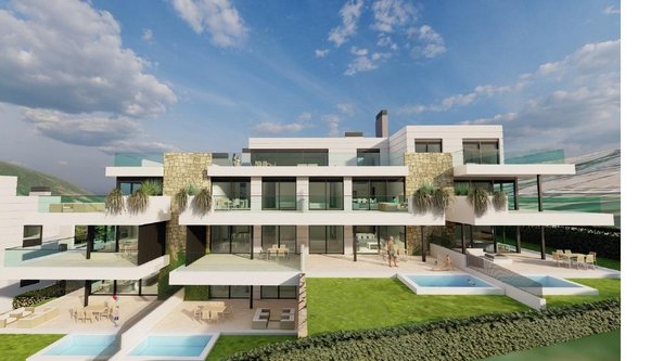 Moderne buitenkant van een 3-slaapkamer appartement in Estepona, met meerdere terrassen en zwembaden.