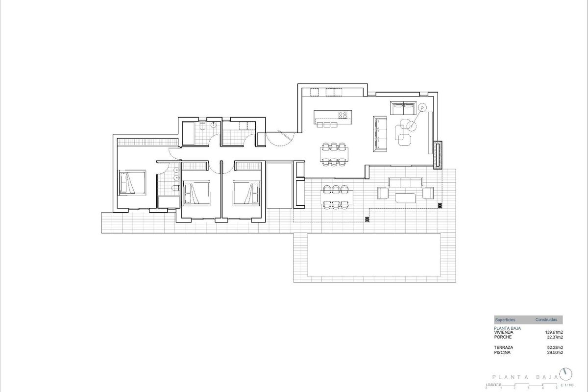 Plattegrond van een 3-slaapkamer villa in Calpe, Costa Blanca Noord, met indeling met woon-, eet- en buitenruimte.
