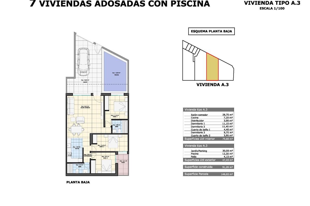 Plattegrond van een appartement op de begane grond met 3 slaapkamers, weergegeven in Pilar de La Horadada, Costa Blanca Zuid.