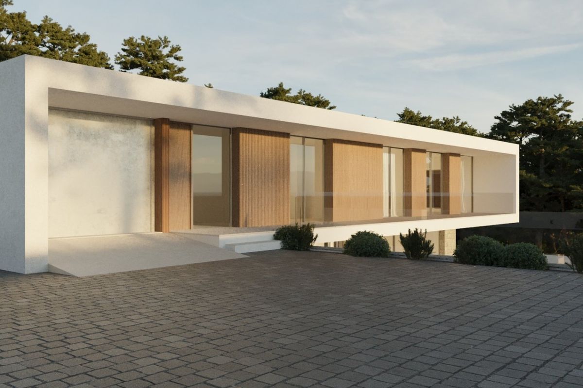 Moderne 4-slaapkamer villa-exterieur in Moraira Teulada, Costa Blanca, met strak ontwerp en omringend groen.