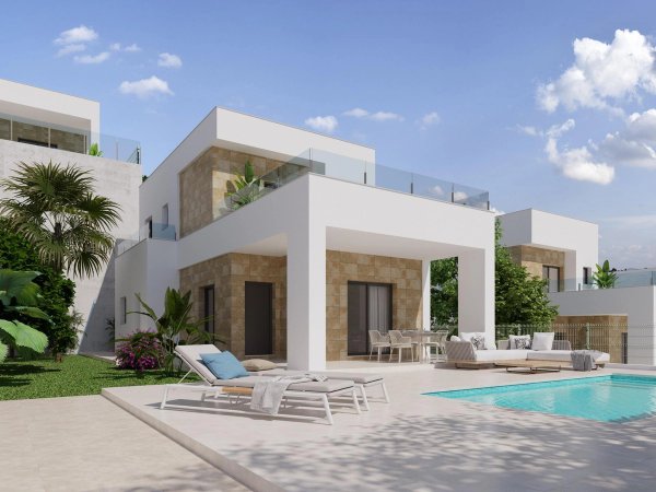 Buitenzicht op een moderne villa met 3 slaapkamers en zwembad in Polop, Costa Blanca Noord, met terras en tuin.