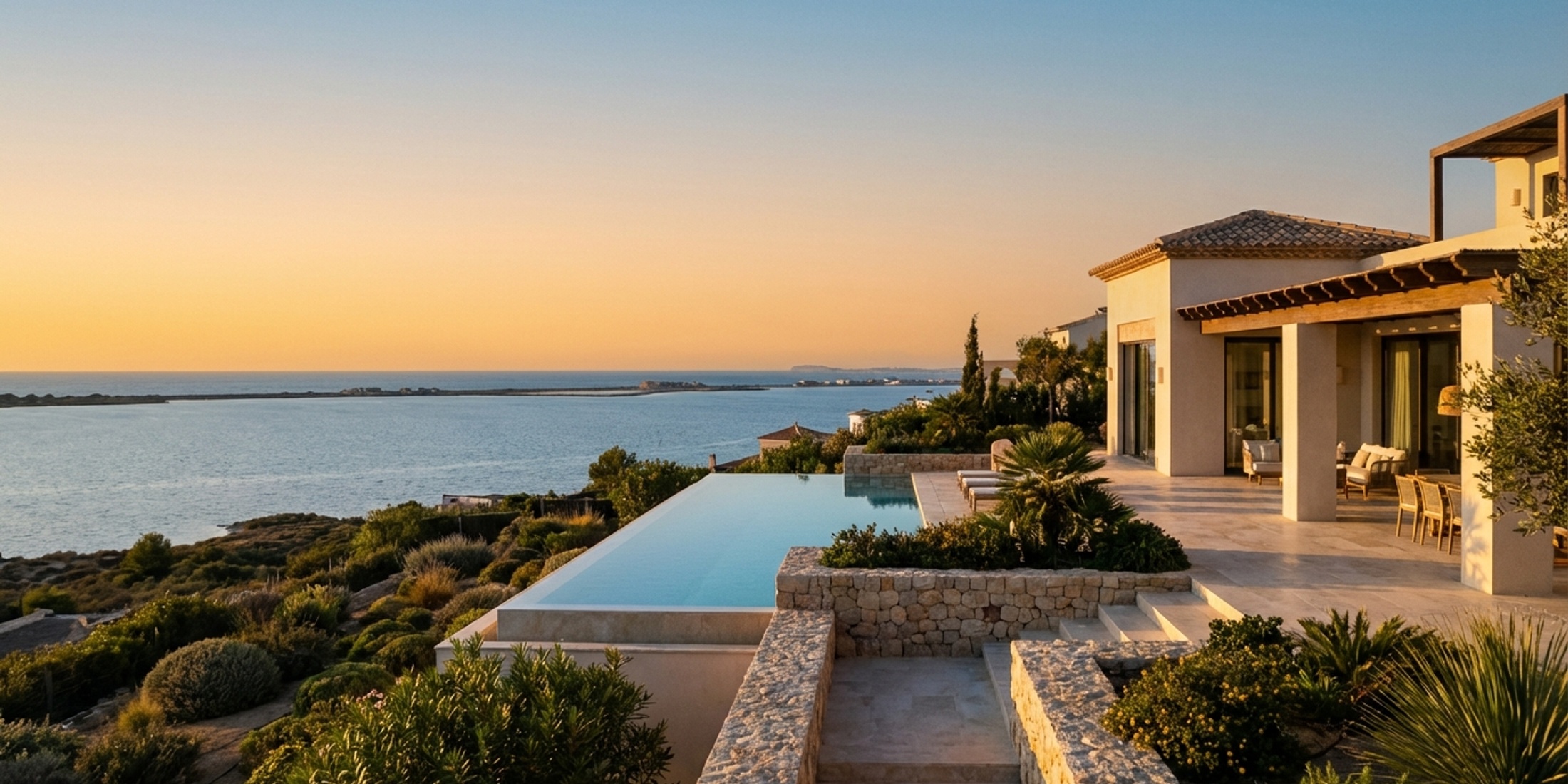 Panoramisch uitzicht op de Mar Menor bij zonsondergang met La Manga in de verte
