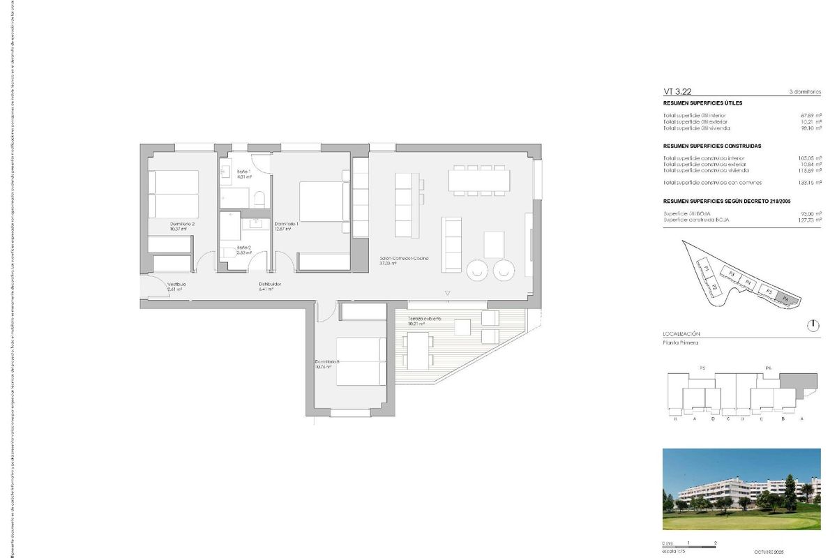 Plattegrond van een 3-slaapkamerappartement in Mijas, Costa del Sol, met woonruimtes en indeling.