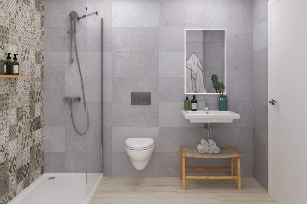 Contemporary badkamer in de villa, met strakke tegels en moderne armaturen in Fortuna, Spanje.