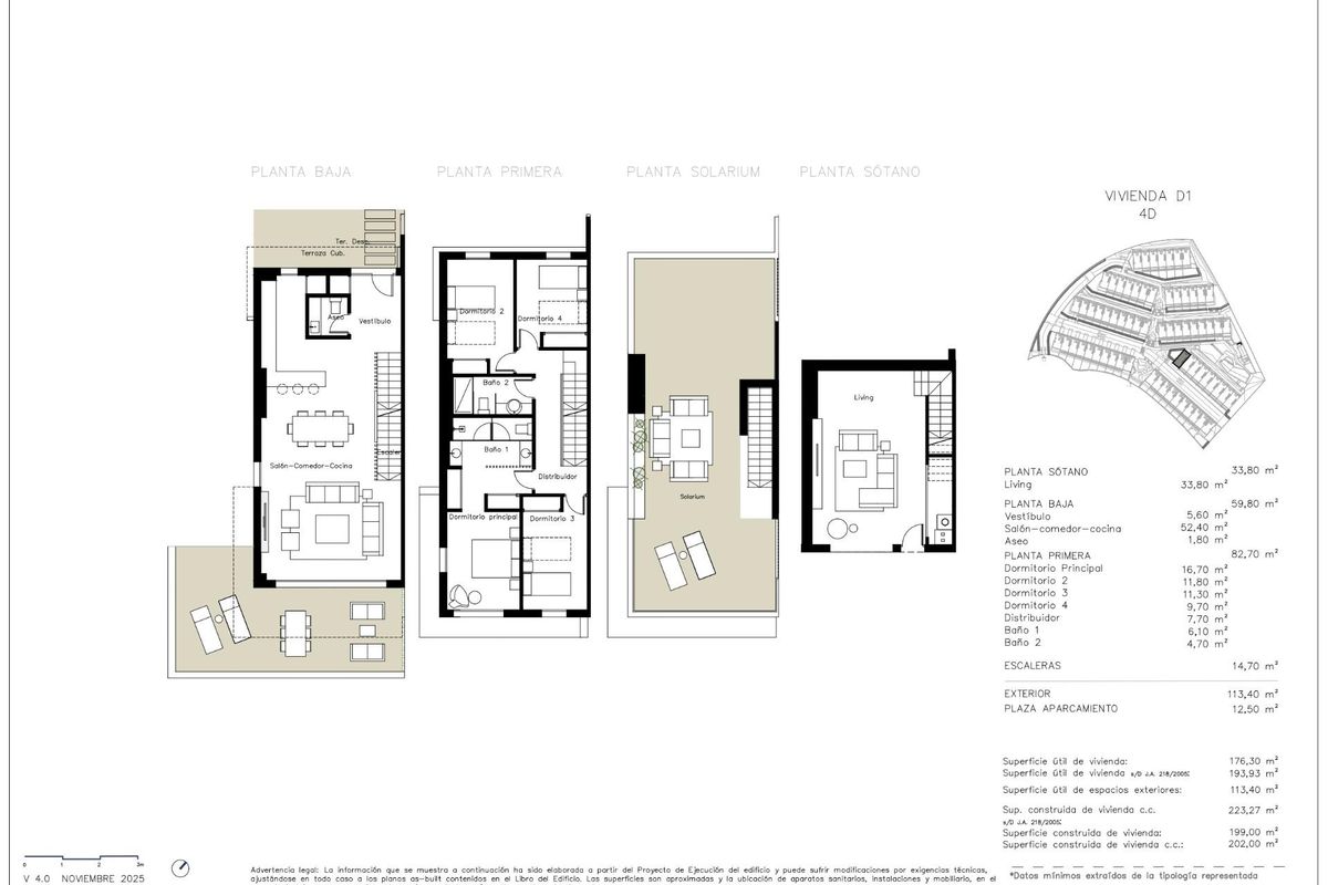 Gedetailleerde plattegrond van een 4-slaapkamer huis in Mijas, Costa del Sol, met woonruimtes.