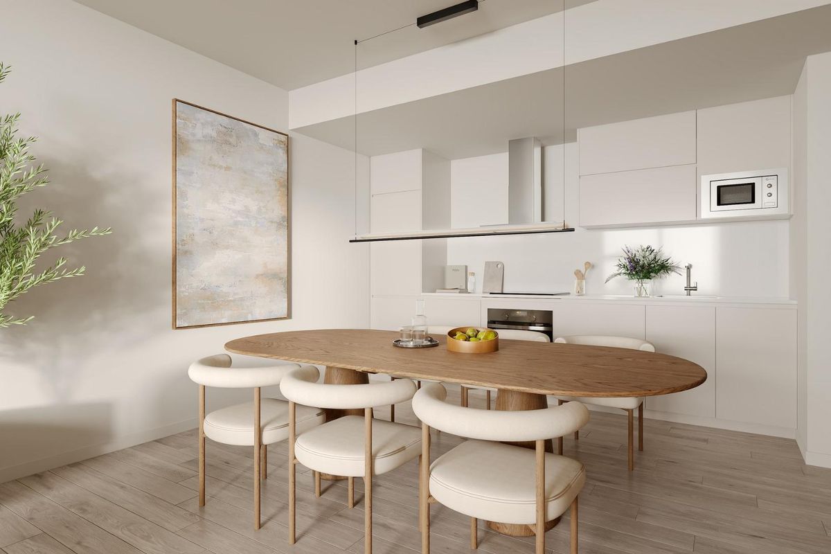 Moderne keuken met eetgedeelte in een 3-slaapkamer appartement in Mijas, met een eigentijdse stijl en natuurlijk licht.