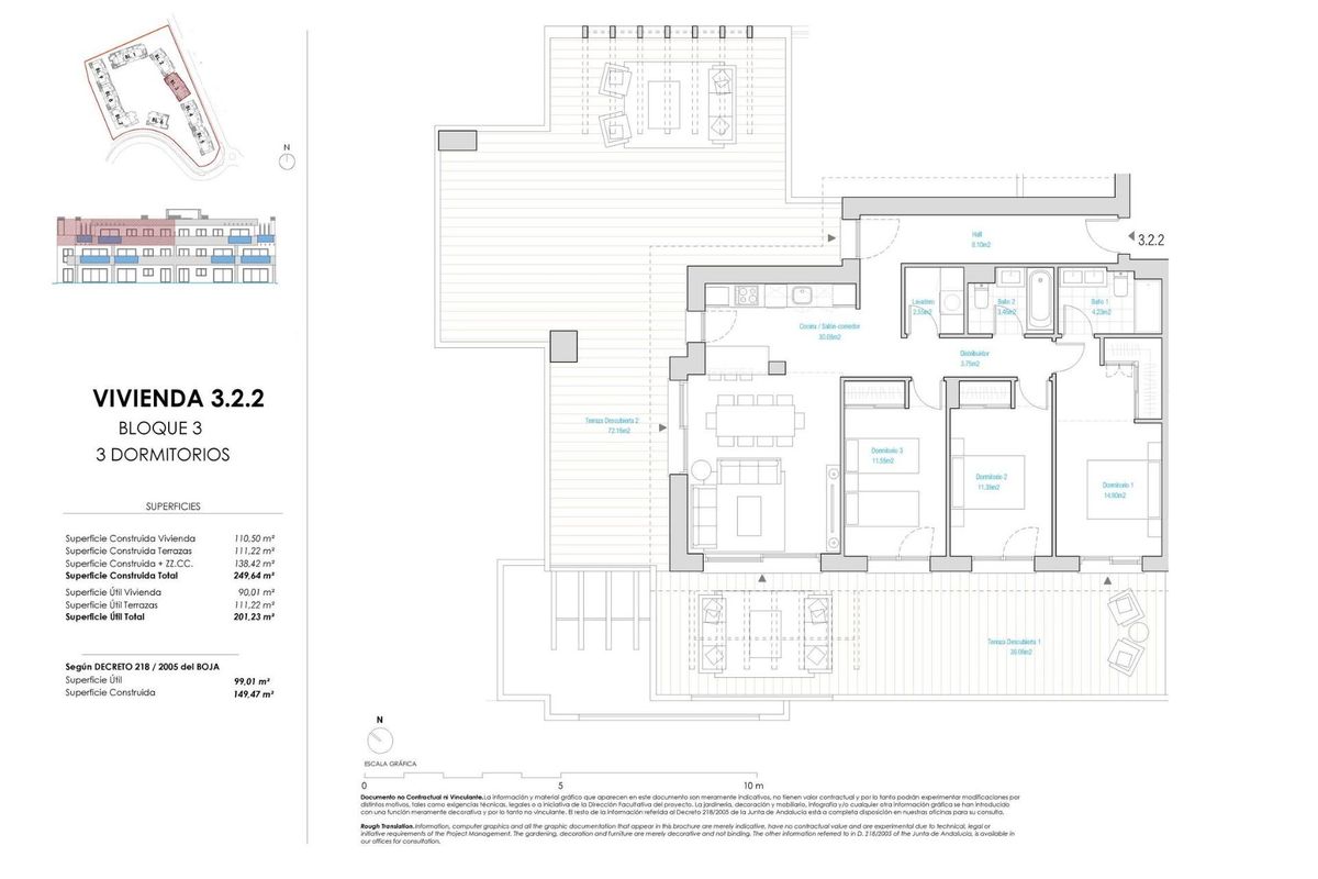 Plattegrond voor een 3-slaapkamer penthouse in Casares, Costa del Sol, waarin de indeling en kamerafmetingen worden weergegeven.