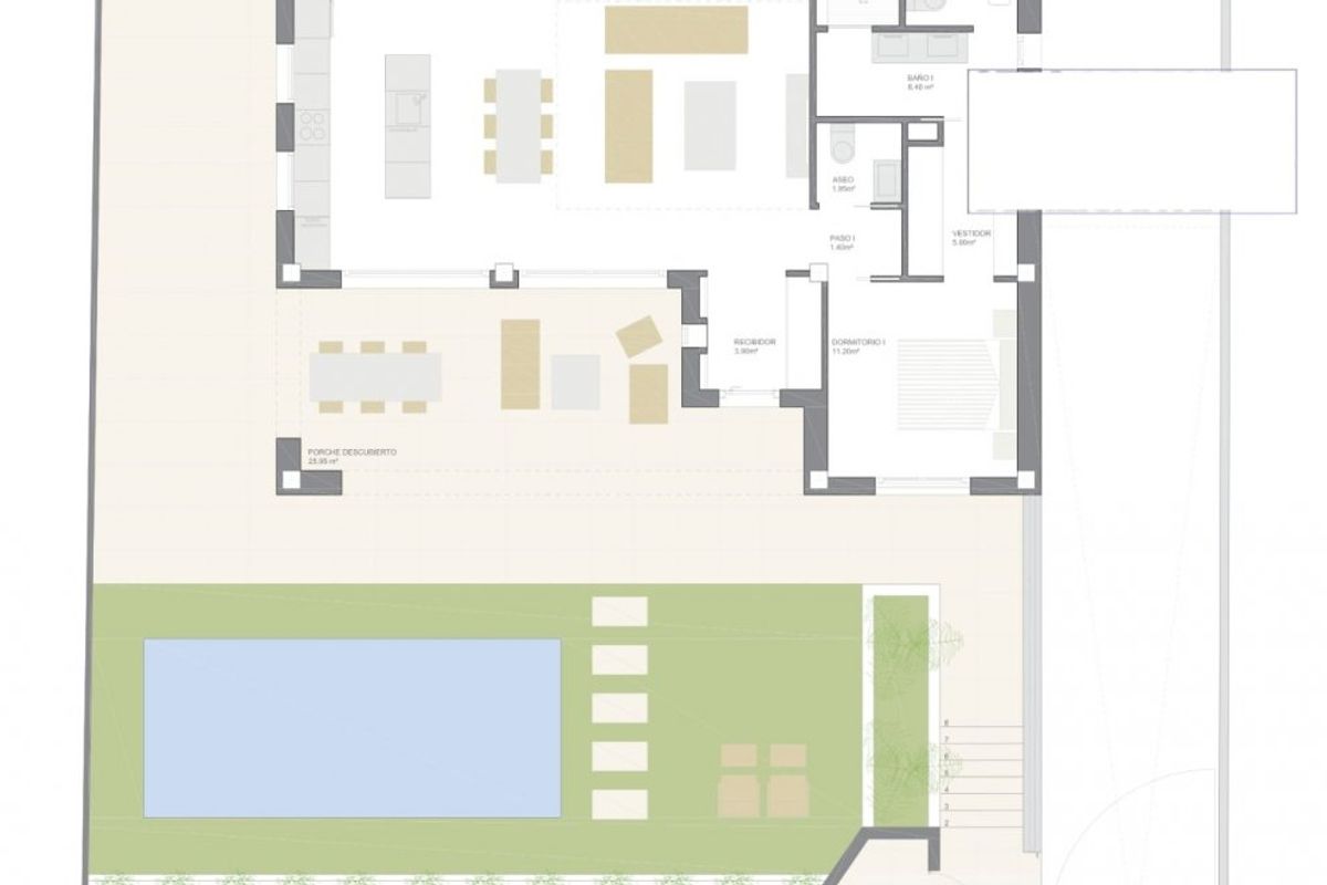 Indeling van de begane grond van een stijlvolle 3-slaapkamer villa in Torrevieja, met ruime woonruimtes.