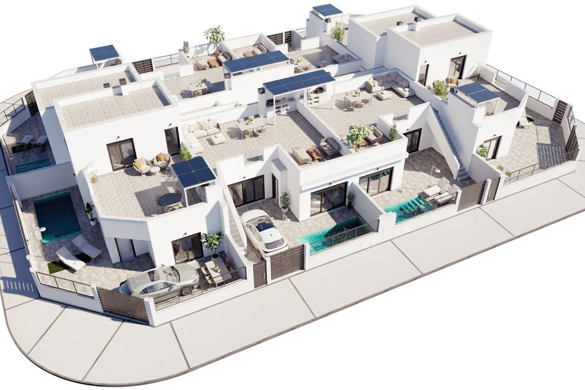 Luchtfoto van de indeling van de 2-slaapkamer bungalow in Torre Pacheco, met zwembad, tuinen en buitenspaces.