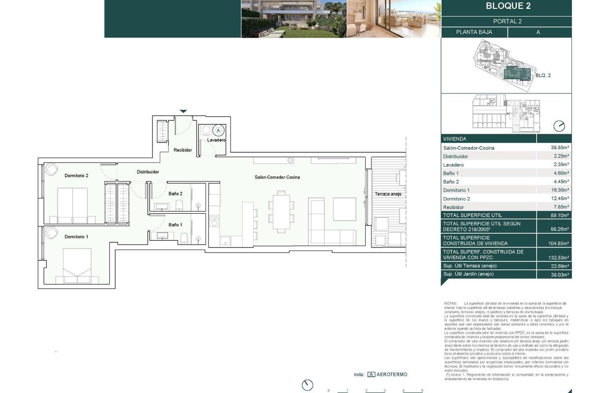 Gedetailleerde plattegrond van het 2-slaapkamer appartement op de begane grond van Estepona, toont indeling en afmetingen.