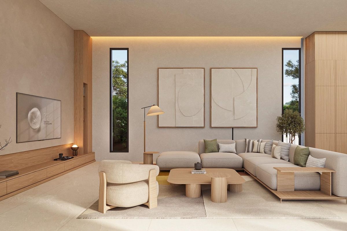 Stijlvolle woonkamer in de villa, met neutrale tinten en moderne meubels in Calpe.