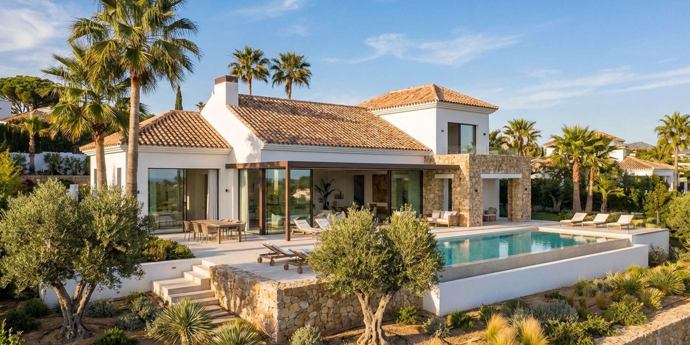 Beautiful modern luxury villa in Andalucia surrounded by palm trees