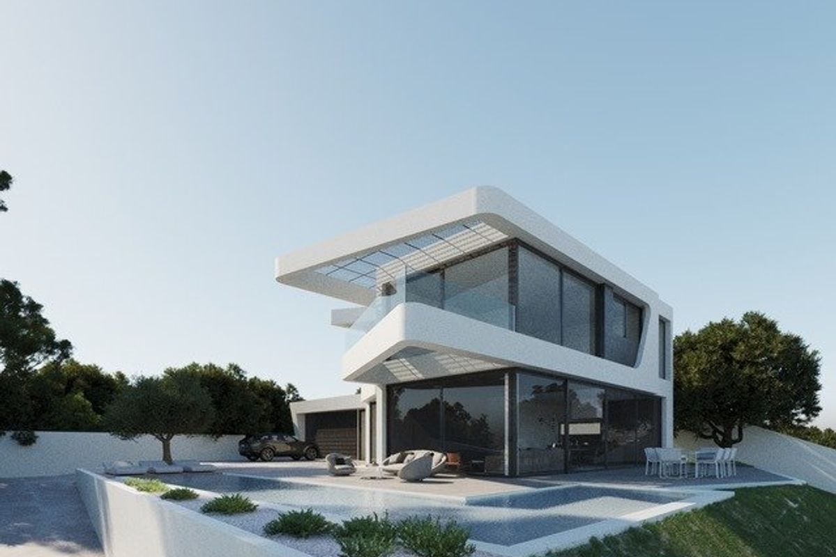 Stijlvolle moderne villa buitenkant in Altea, Costa Blanca Noord, met een zwembad en aangelegde tuin.