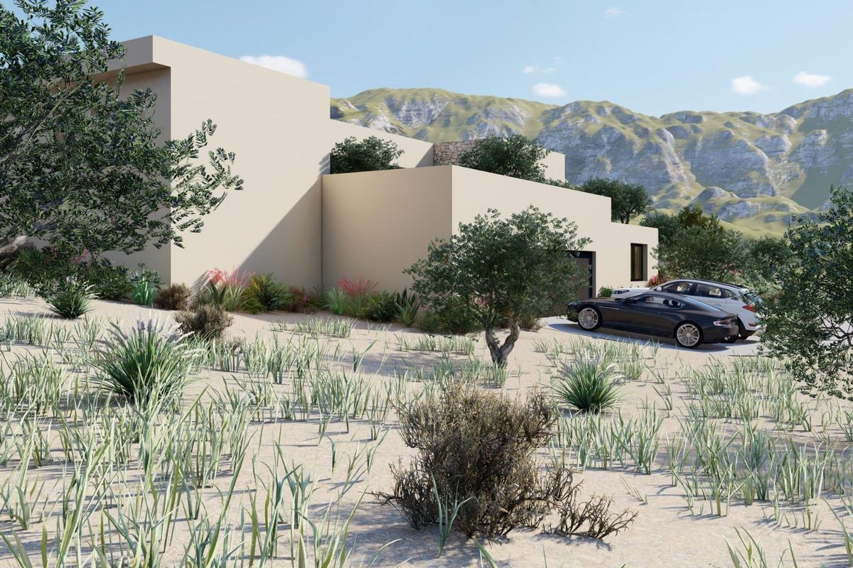 Buitenkant van een moderne villa in Yecla, met uitzicht op het natuurlijke landschap en parkeergelegenheid.