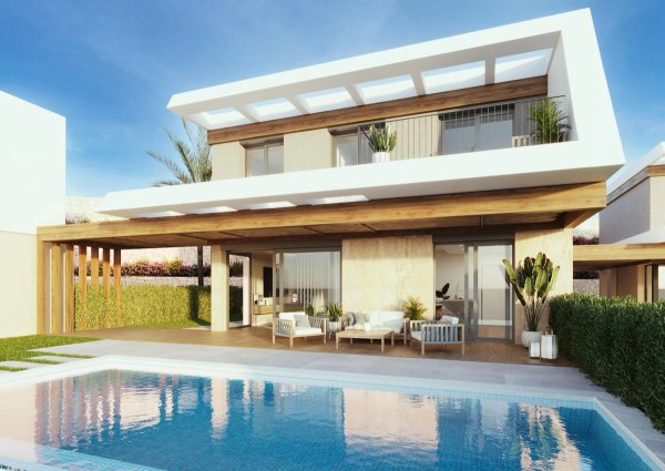 Modern 4-bed villa in Polop with a stylish exterior and pool surrounded by lush greenery.