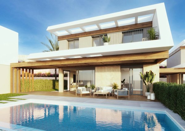 Modern 4-bed villa in Polop with a stylish exterior and pool surrounded by lush greenery.