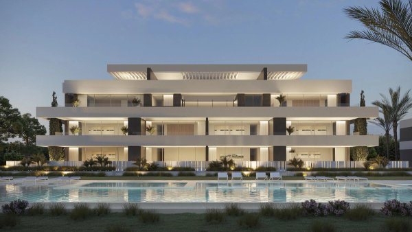 Moderne 3-slaapkamer appartement buitenkant met zwembad in La Nucia, Costa Blanca Noord, omgeven door tuin.