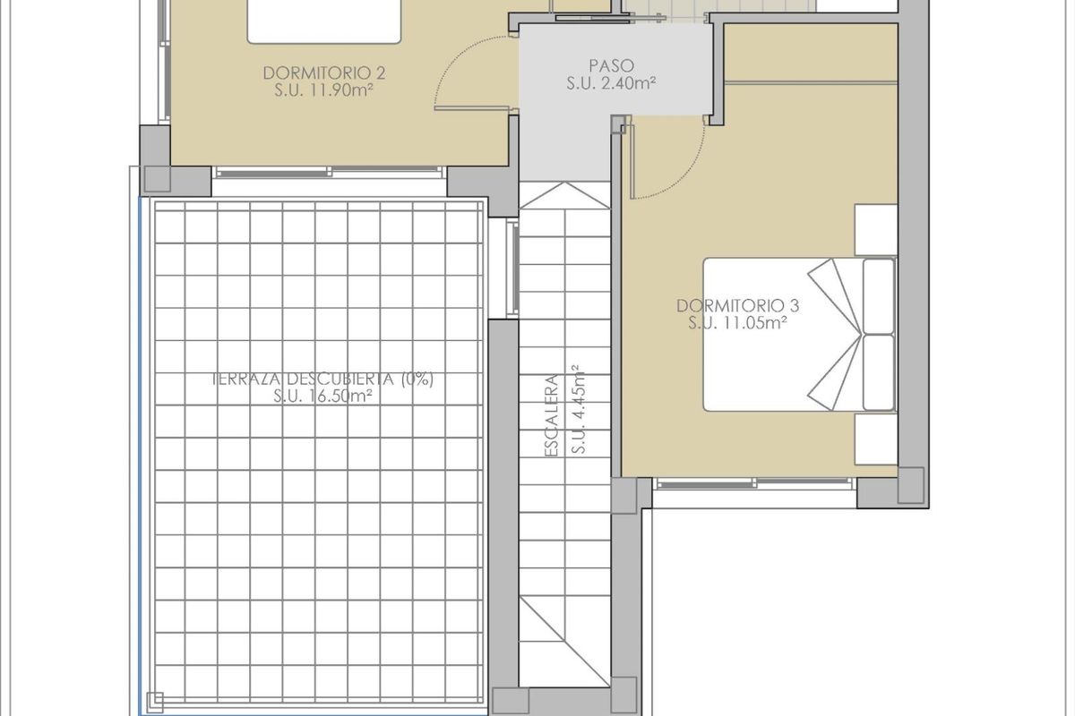 Indeling van de tweede verdieping van een 3-slaapkamer villa in Orihuela, Costa Blanca, met slaapkamers en badkamer.