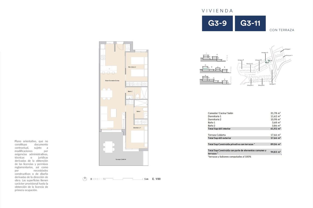 Plattegrond van een 2-slaapkamer appartement in Alfas del Pi, met indeling van kamers en terrast uitzicht.
