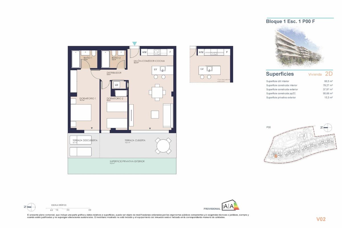 Plattegrond van een 2-slaapkamerappartement in Denia, met de indeling van kamers zoals de woonruimte en keuken.