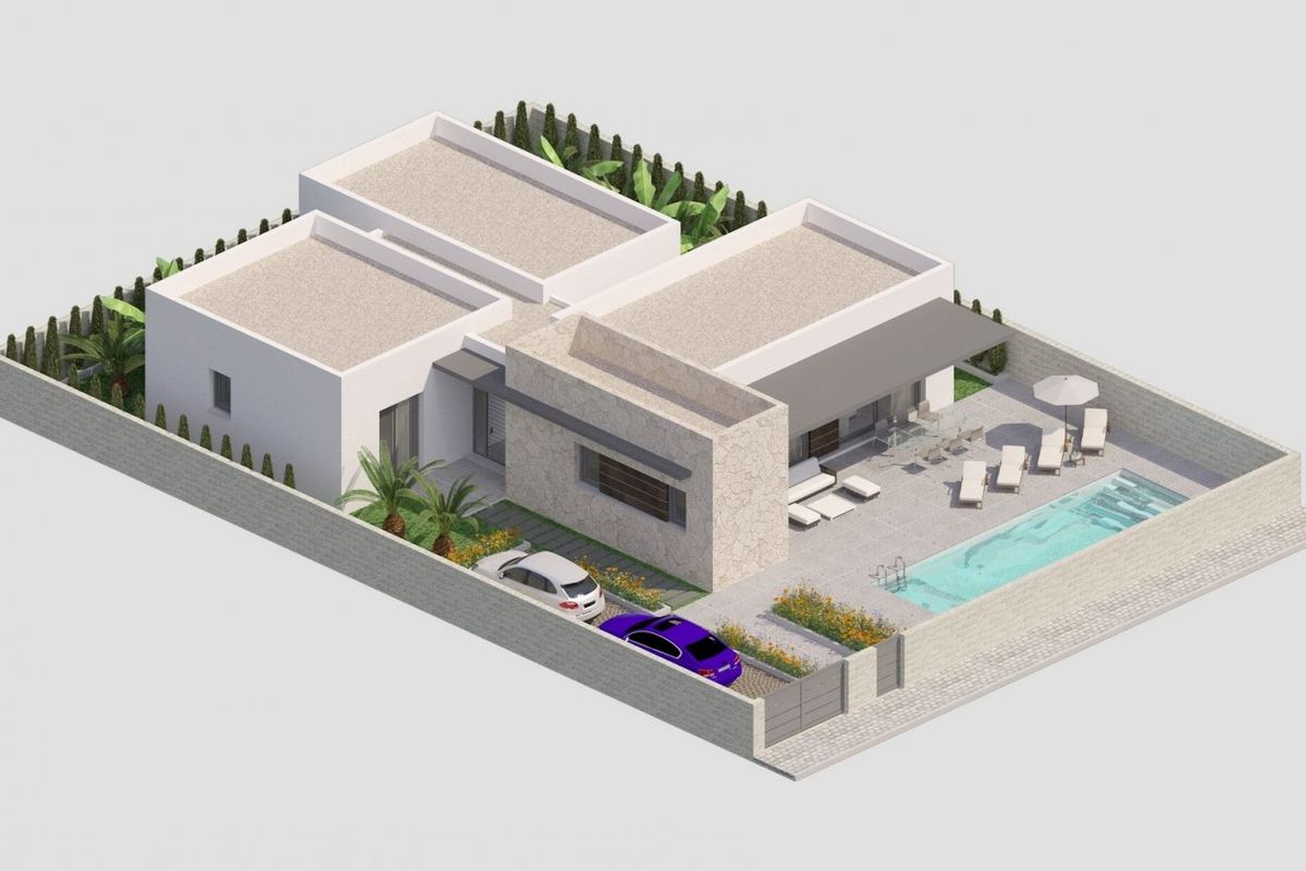 Bovenaanzicht van villa in Benijofar, met nadruk op het zwembad en de tuinen.