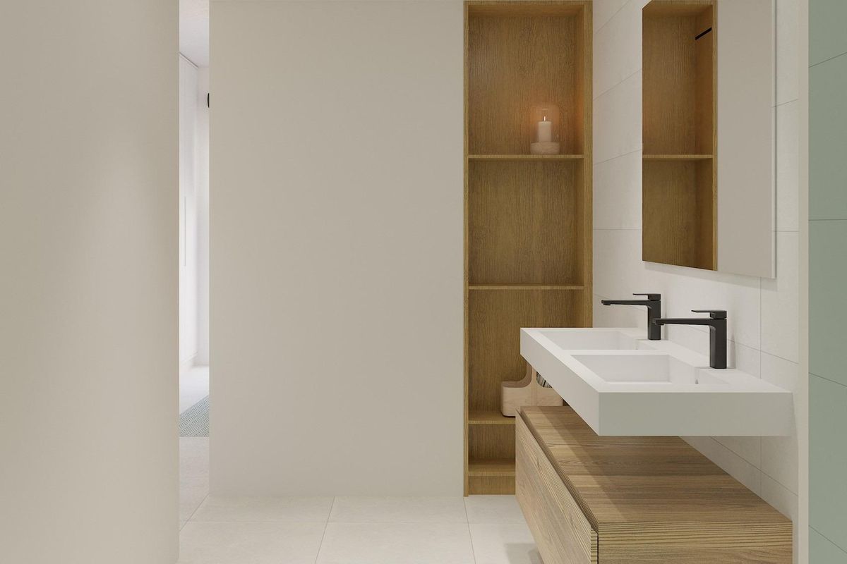 Chique badkamer met elegante opbergruimte en wastafel in een 2-slaapkamer appartement in Torrevieja.