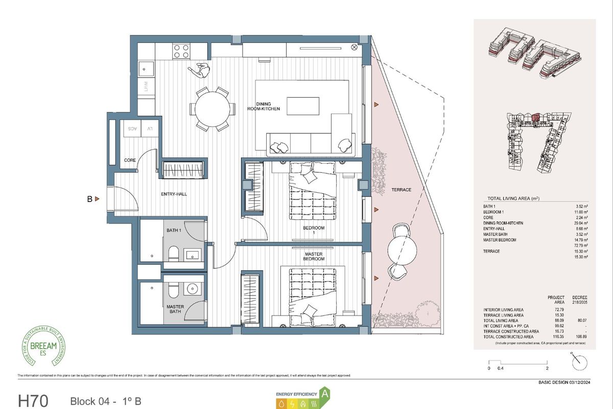 Plattegrond van de indeling van een 2-slaapkamerappartement in Mijas, met woon- en eetruimtes en terrassen.