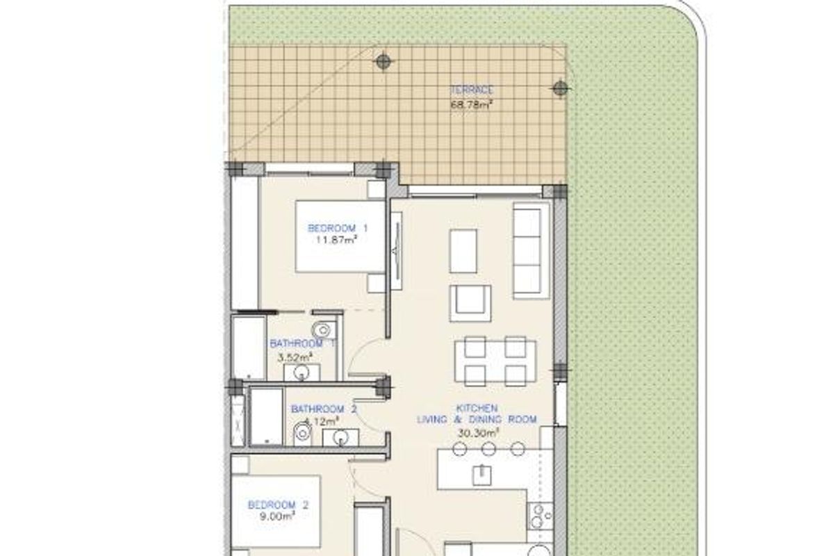 Gedetailleerde plattegrond van een 2-slaapkamer begane grond appartement met terras in Los Alcazares, Spanje.