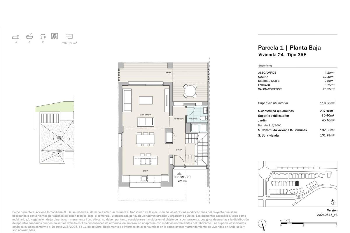 Plattegrond van een 3-slaapkamer townhouse in Marbella, Costa del Sol, met interieurindeling en afmetingen van kamers.