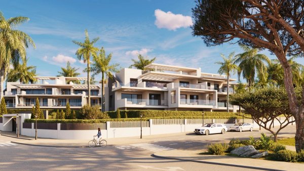Modern 3-slaapkamer appartementencomplex in Estepona, Costa del Sol, met palmbomen en een zonnige sfeer.
