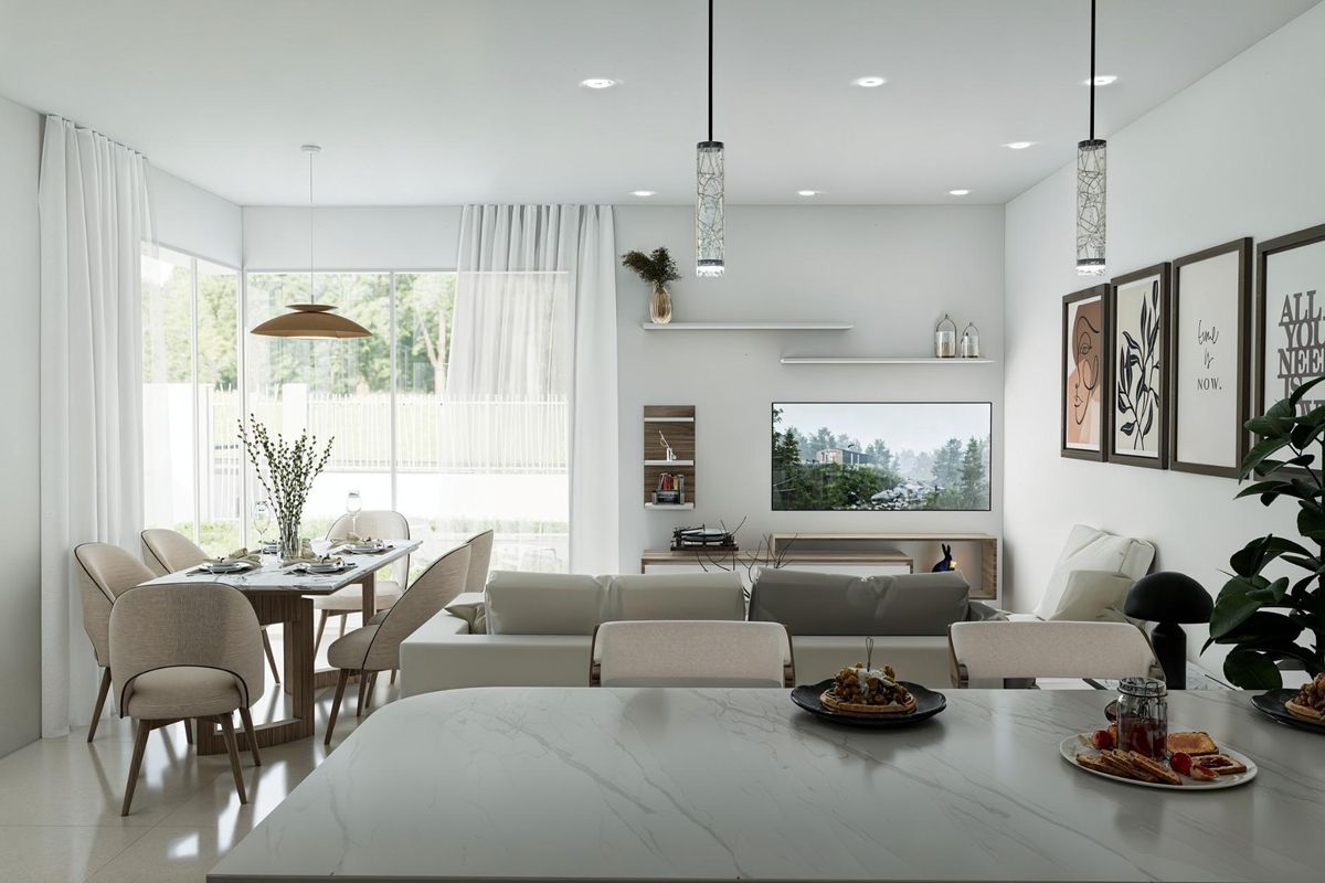 Heldere interieur van een 3-slaapkamer townhouse woonkamer in Los Alcazares, met eetgedeelte.