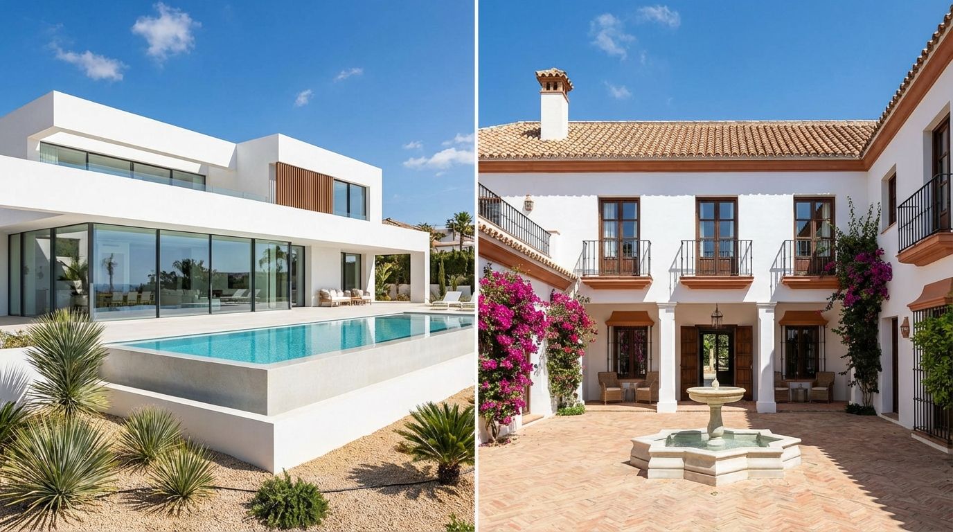 Gesplitst beeld van een moderne Spaanse villa versus een traditioneel Andalusisch huis