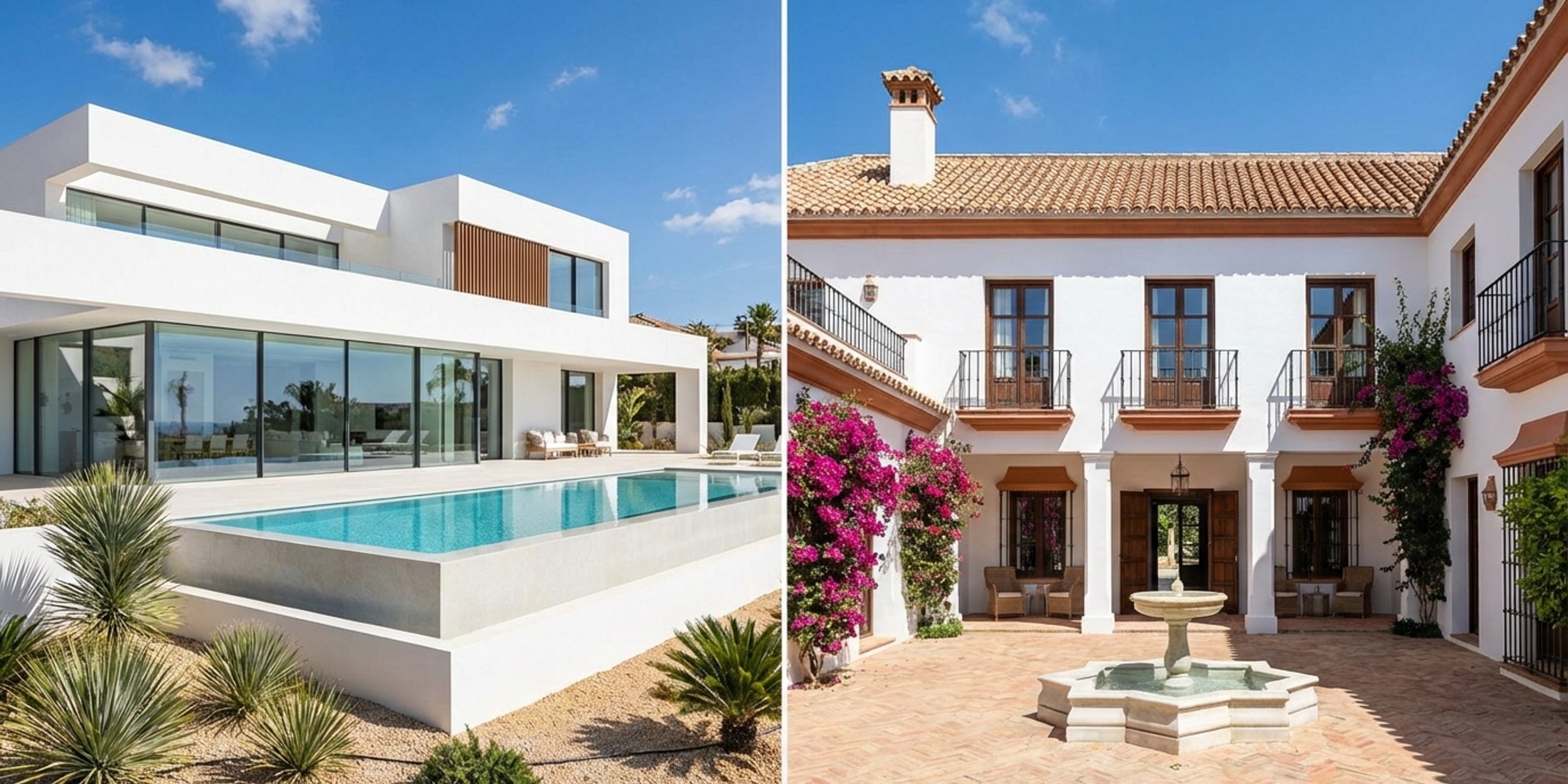 Gesplitst beeld van een moderne Spaanse villa versus een traditioneel Andalusisch huis